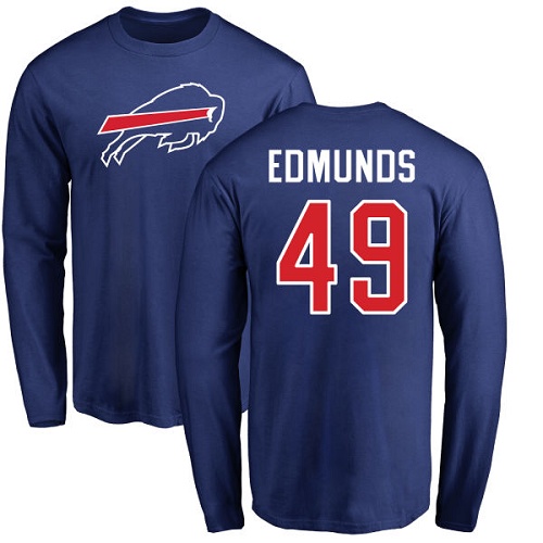 Men NFL Buffalo Bills #49 Tremaine Edmunds Royal Blue Name and Number Logo Long Sleeve T Shirt